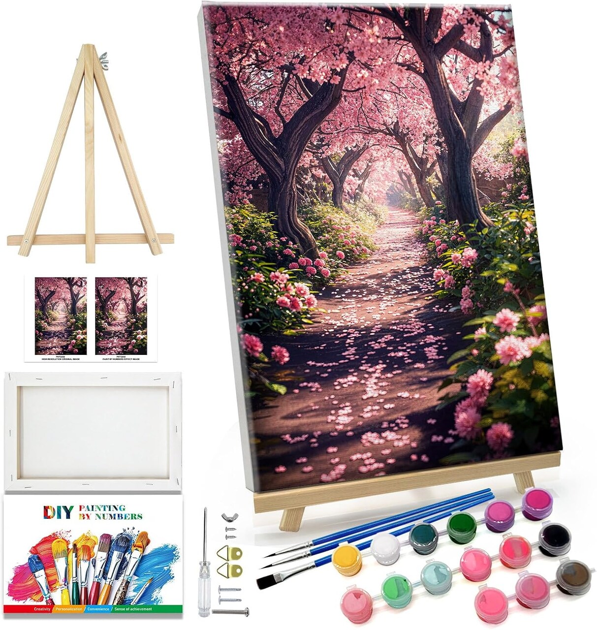 Landscape Paint-by-Numbers Kit for Adults – DIY Cherry Blossom Canvas Painting with Easel & Frame, Flowers Art Kit for Home Wall Decor & Gifts (7.87x11.81")